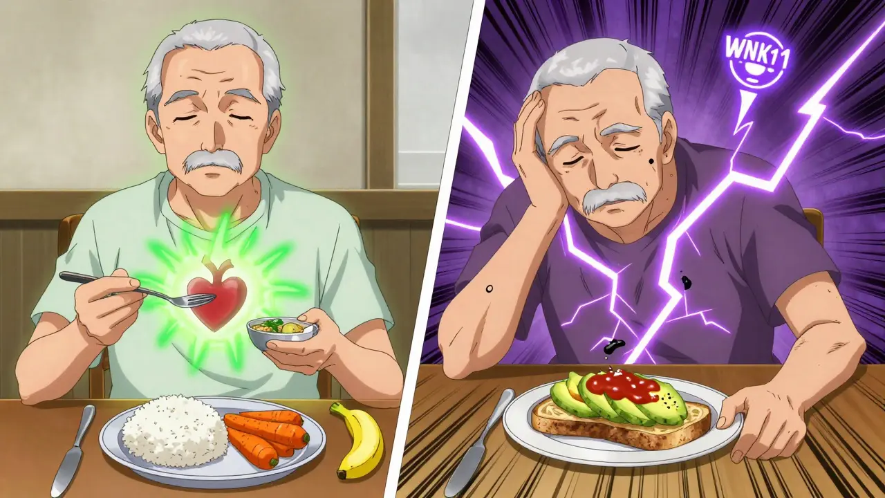 Split scene: healthy meal vs. risky meal with glowing aura showing heart danger.