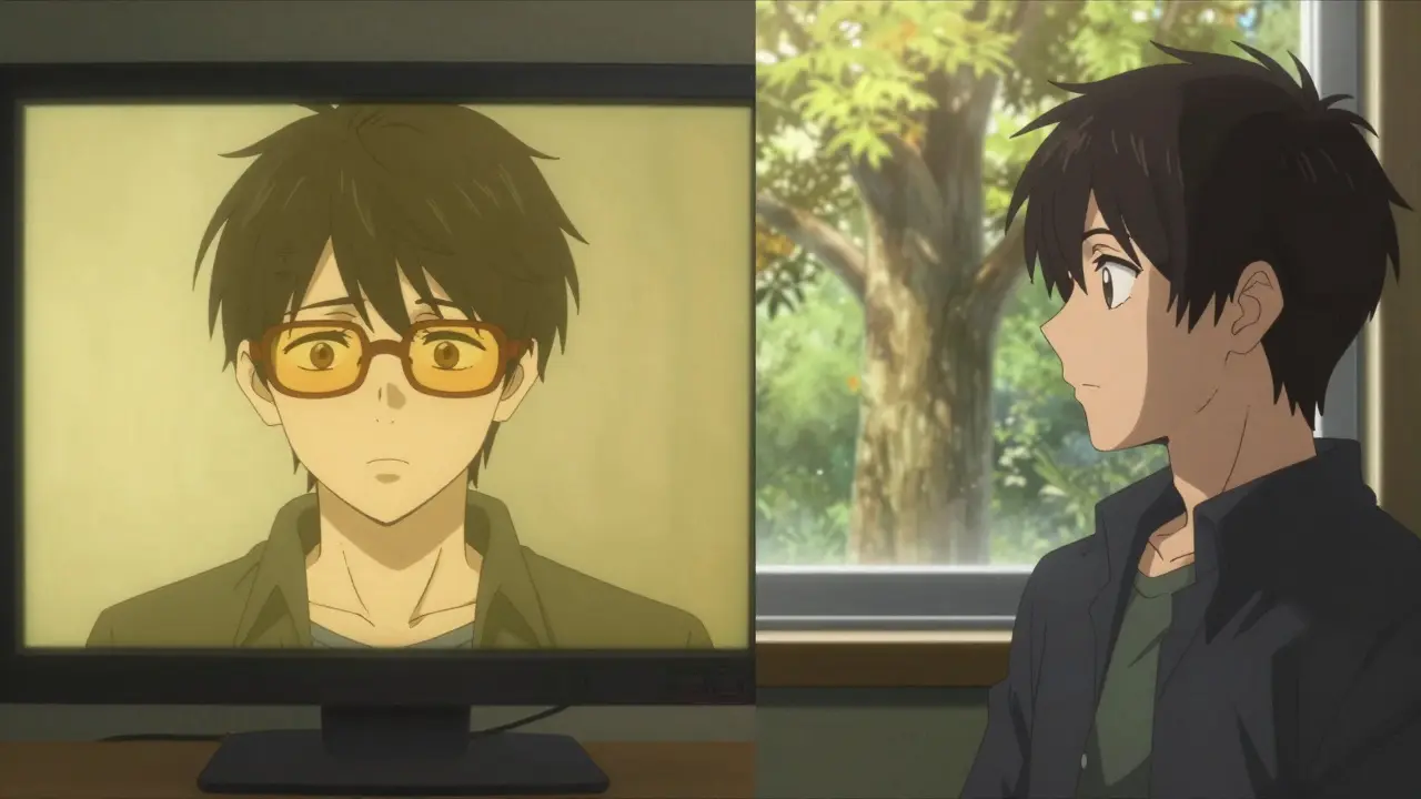 Split scene: person in tinted glasses vs. person looking out window — contrast between ineffective filter and real eye relief.