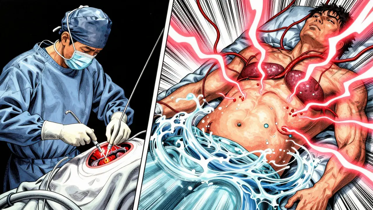 Split scene showing a TIPS procedure on one side and ascites swelling on the other, with intense vascular energy lines.