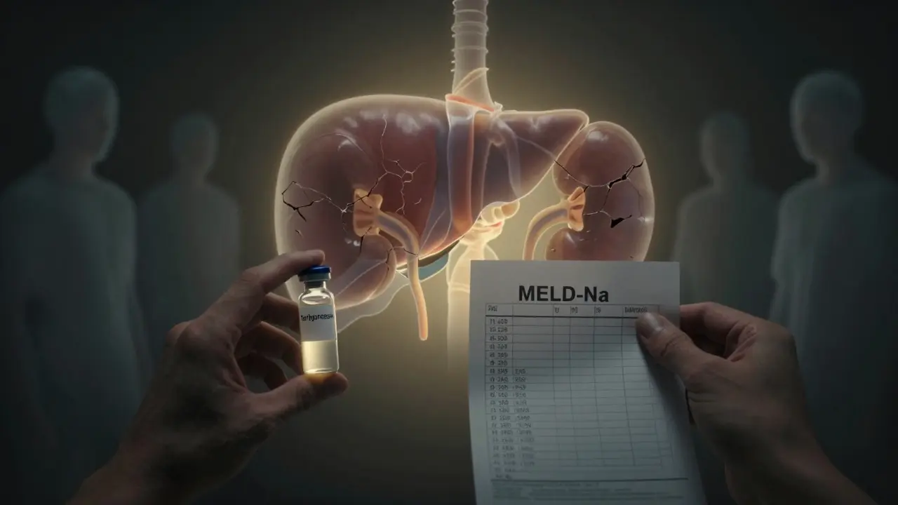 Two hands holding terlipressin and a MELD-Na score, with a crumbling liver-kidney structure behind them in fading light.