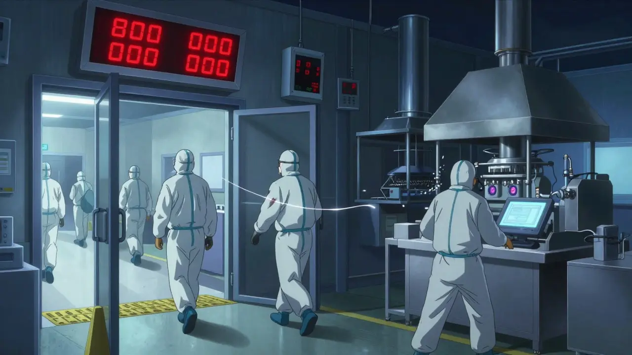 Workers in cleanroom suits move through airlocks as real-time sensors flash red alerts over drifting contaminants.
