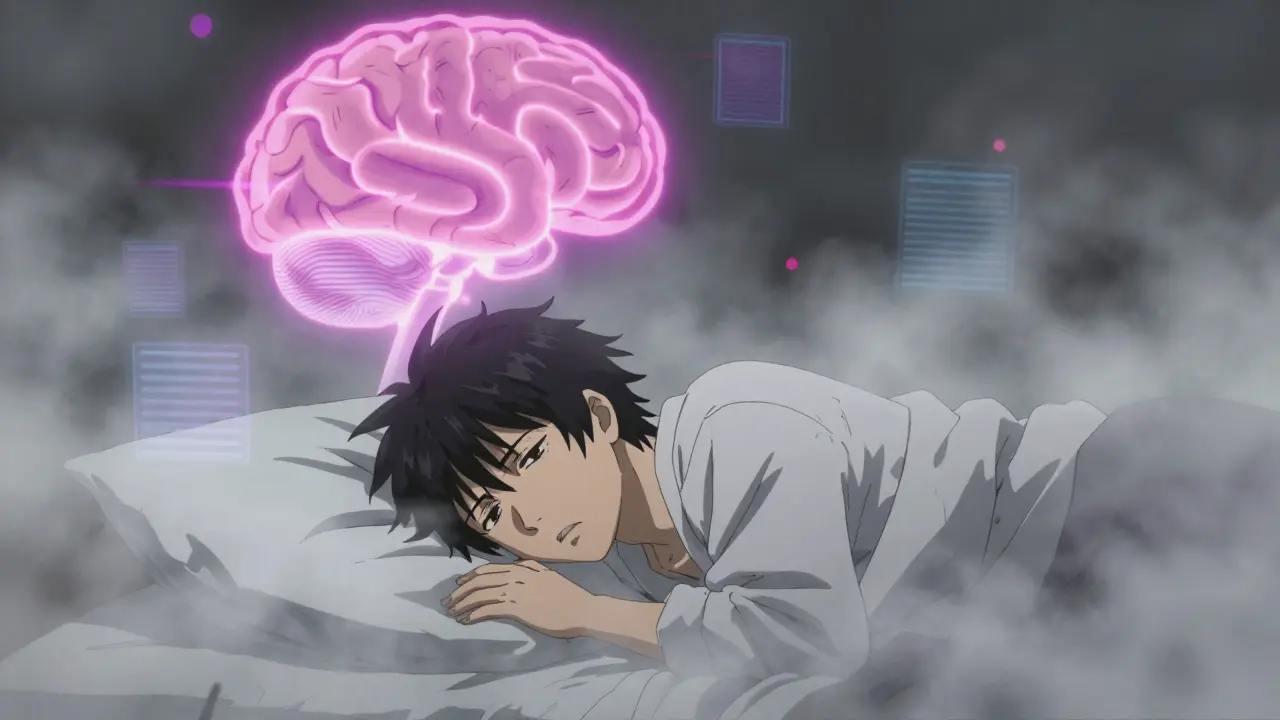 A groggy person waking up surrounded by a grey fog and glowing abstract receptors.