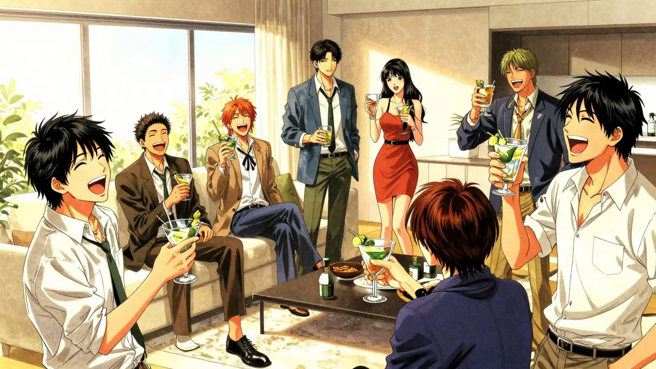 A group of friends laughing and enjoying cocktails in a modern living room.