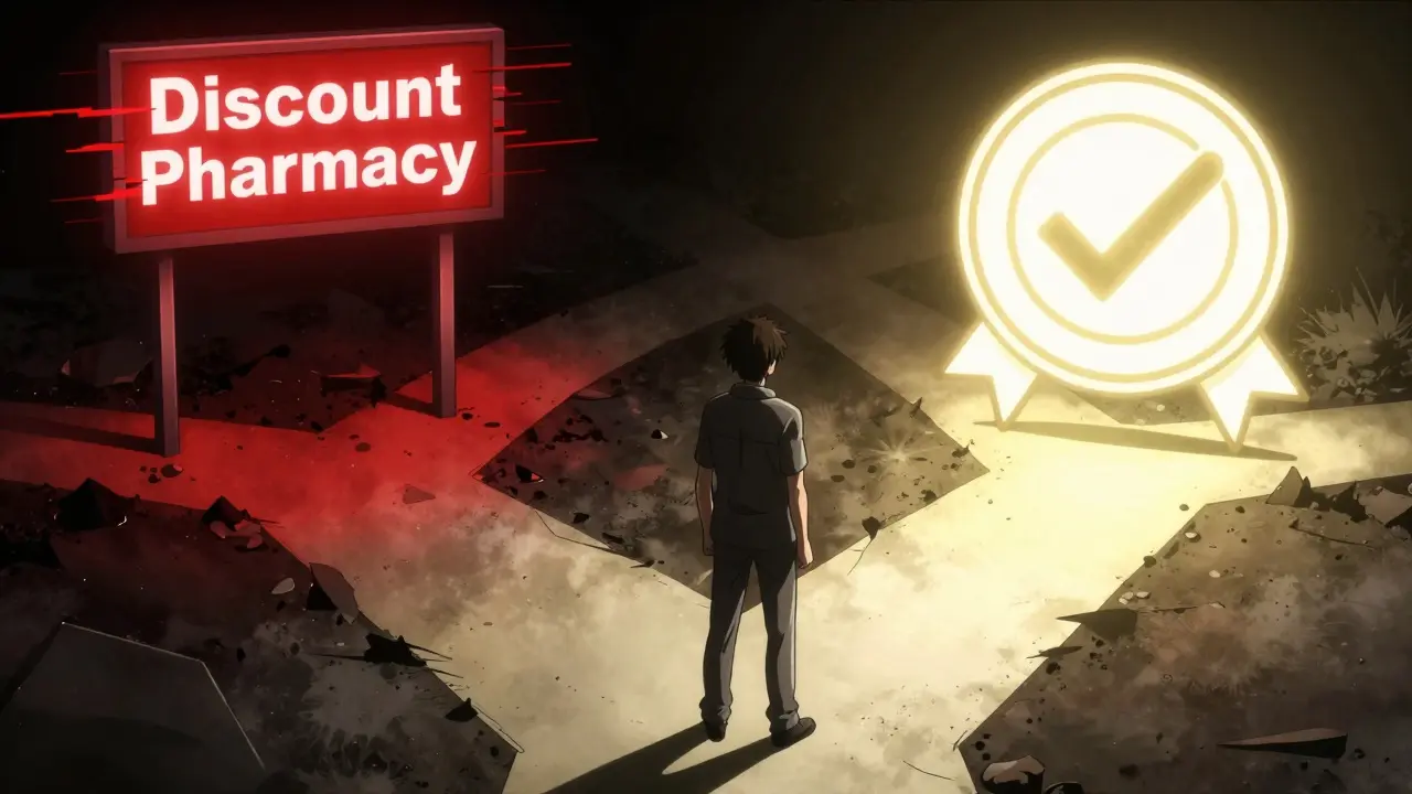 A person choosing between a dark path toward a scam pharmacy and a bright path toward a verified one.