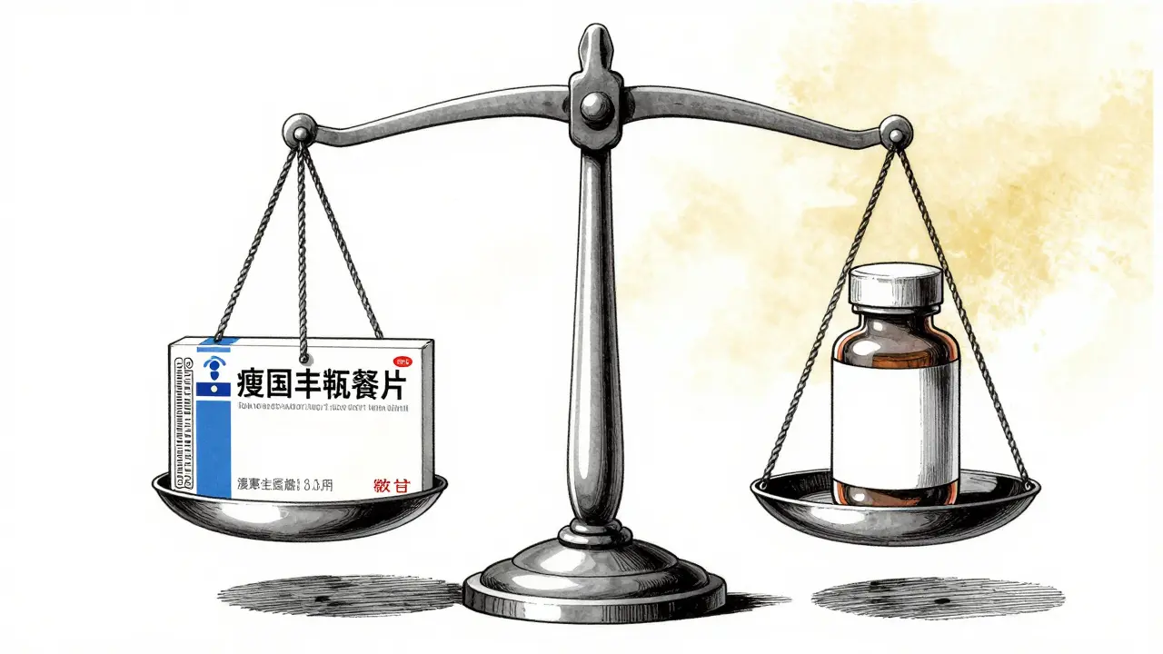 A scale balancing a brand name medicine box and a generic medicine bottle.