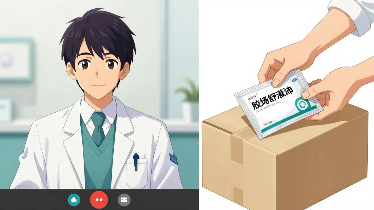 A split-screen showing a telehealth doctor on a call and a medication package being prepared.