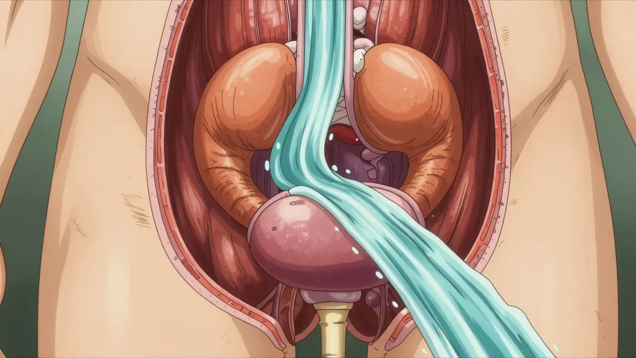 Anatomical manga view of an enlarged prostate narrowing the urinary path and a weakened bladder.