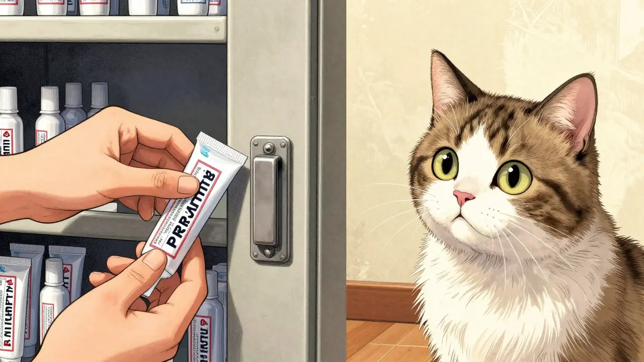 Anime scene showing a cream tube being stored safely in a cabinet away from a cat