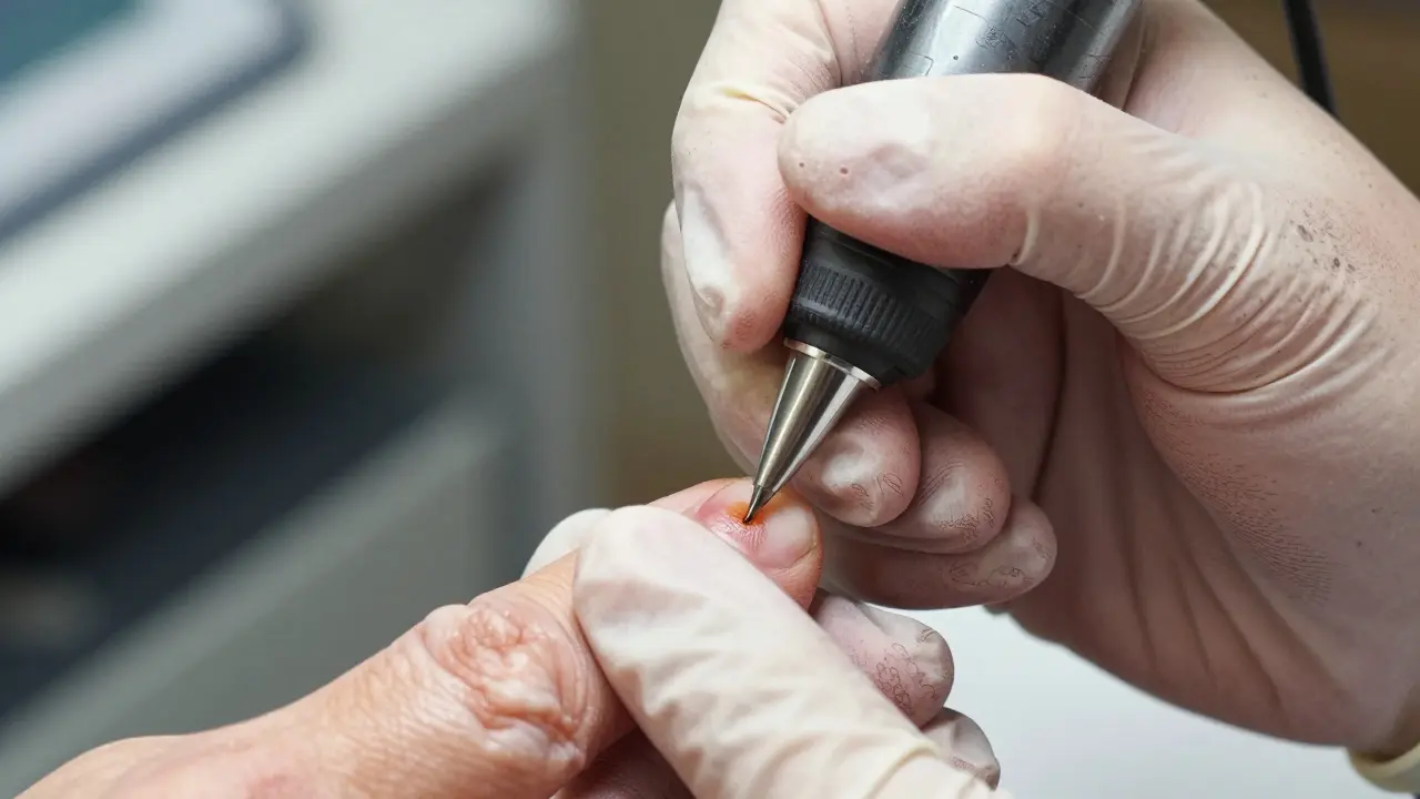 Close-up of a medical professional performing micropigmentation on a fingertip in manga style.