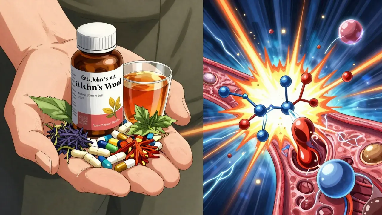 Conceptual image of herbal supplements and chemical reactions occurring in the bloodstream.