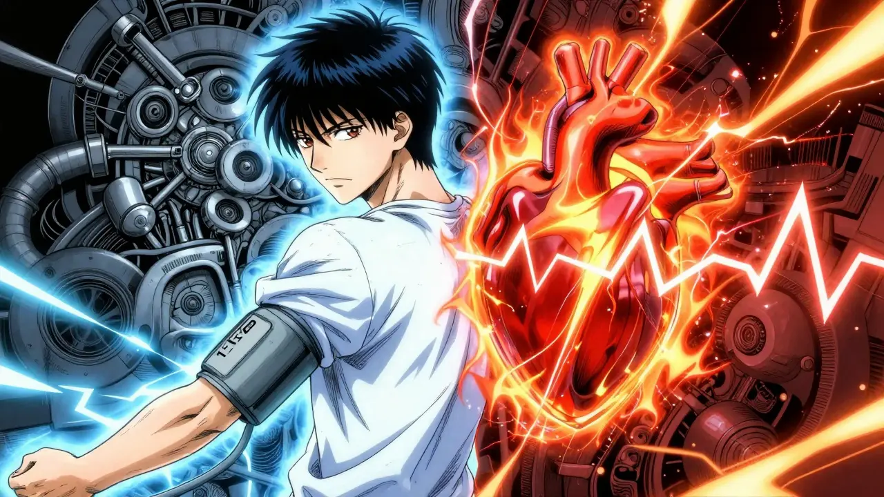 Conceptual manga art showing the contrast between blood pressure lowering and raising effects.