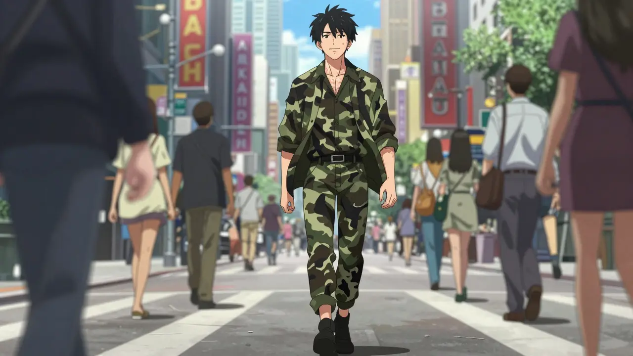 Confident person walking through a city with camouflaged vitiligo in a dynamic anime style.