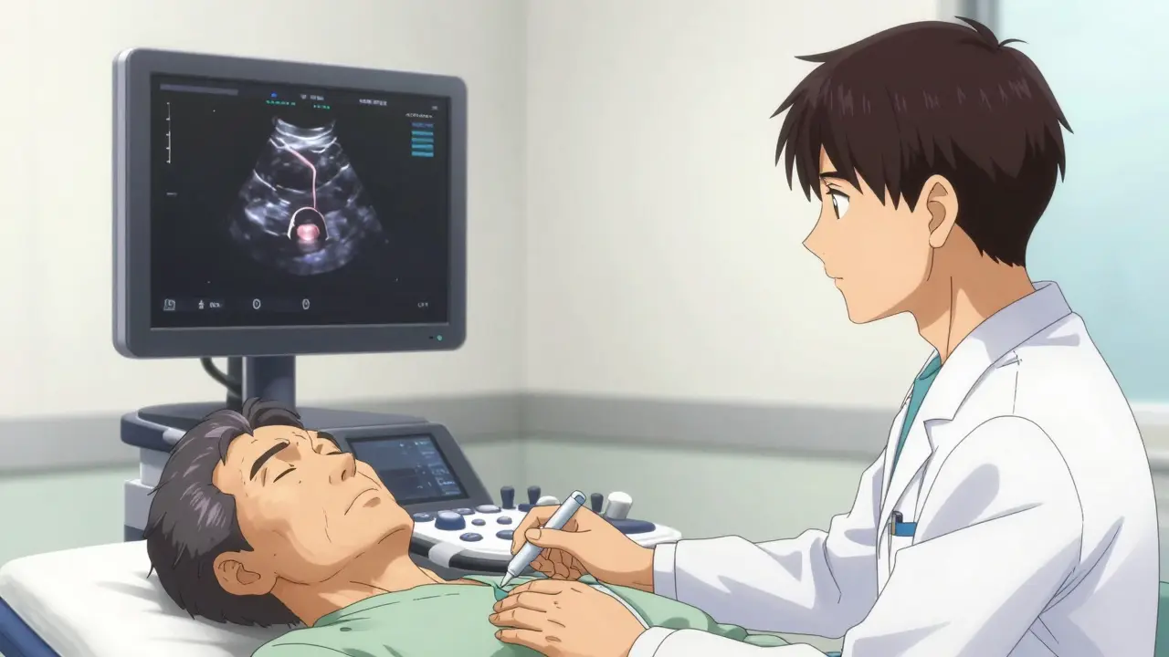 Doctor performing an ultrasound bladder scan on an elderly patient in a clinic.