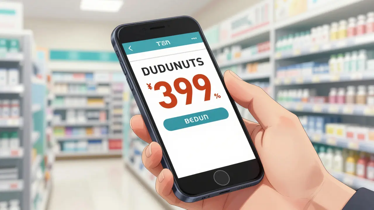 Hand holding a smartphone with a discount coupon in a bright pharmacy.