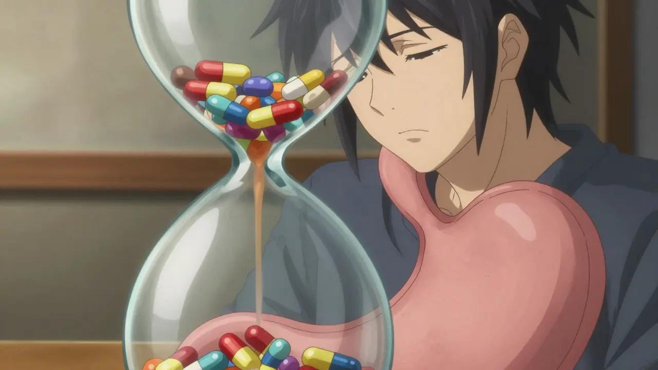 Manga illustration of a stomach as an hourglass slowing the absorption of medicine.