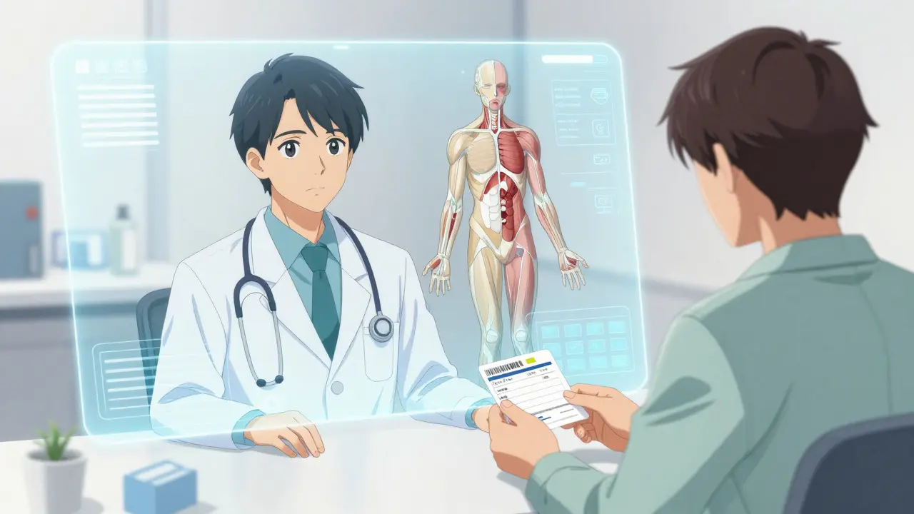 Manga style depiction of a professional telehealth medical consultation for a prescription