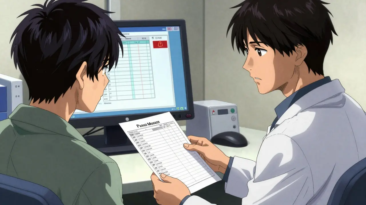 Pharmacist and patient reviewing a handwritten medication list for a safety consultation.