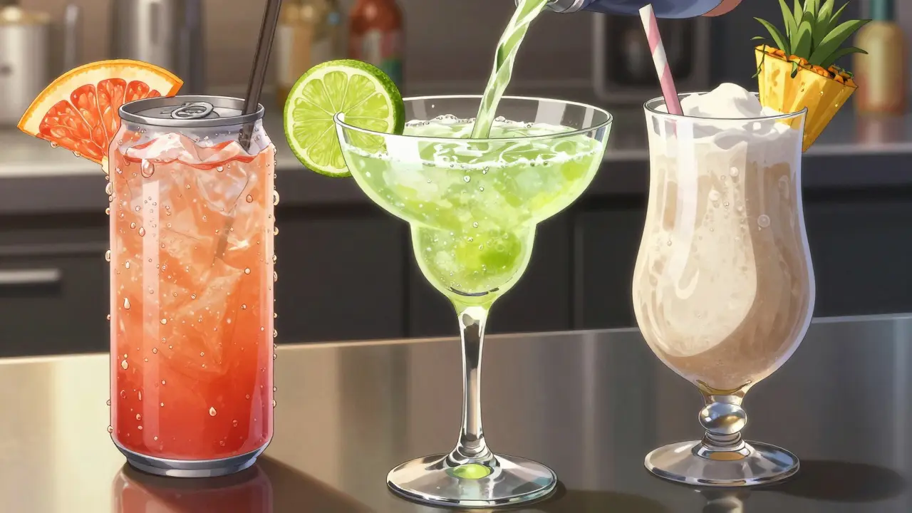 Three sparkling organic tequila cocktail cans with condensation on a counter.